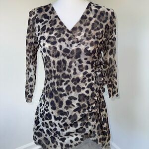 Vintage Johnny Heaven Leopard Mesh Ruched Tunic Top Faux Wrap Sheer Nylon L